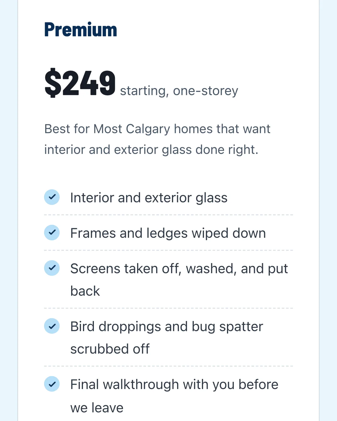 The Premium package on the YYC Window Cleaning mobile site, $249 for a one-storey home, with what it covers line by line