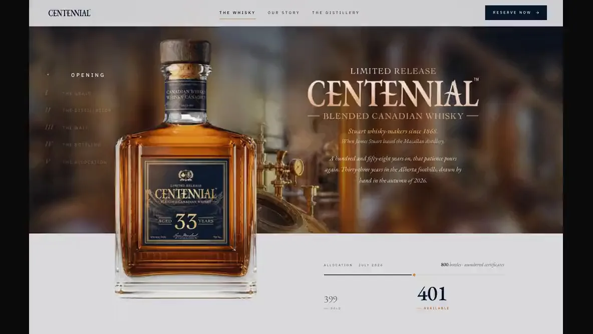The first frame of the cut: the Centennial 33 bottle on its launch site, under Limited Release, Centennial, Blended Canadian Whisky.